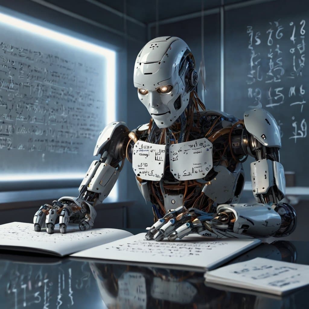 robot reading a handwritten note in a futuristic setting