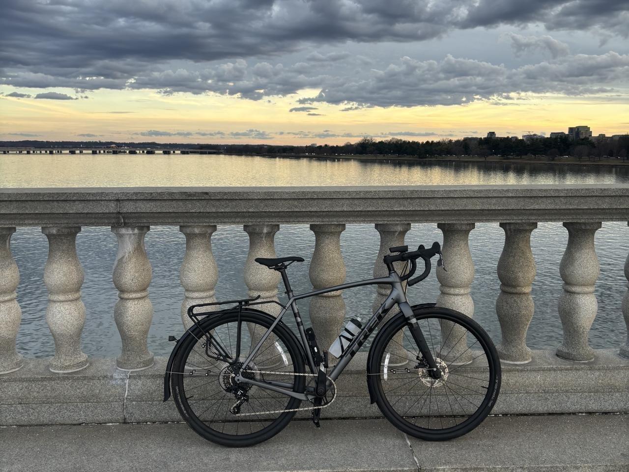 bike, trek checkpoint al4, resting on a bridge over the potomac river