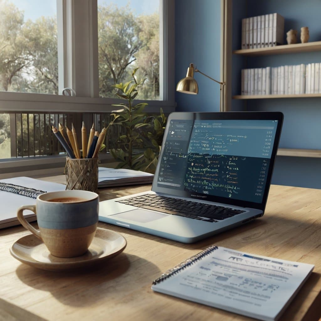 Desk showing a laptop, a notebook, a pen, and a cup of coffee, ai generated image