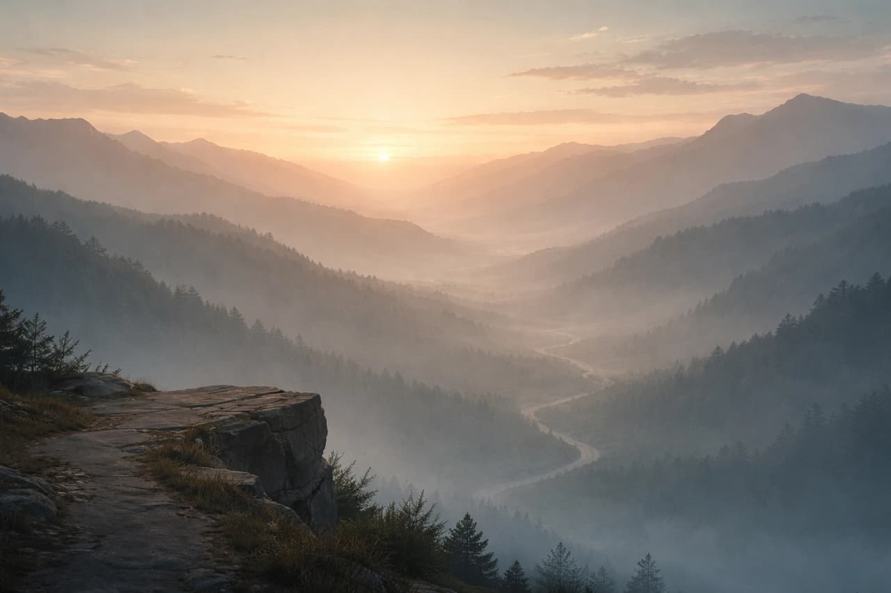 A vast landscape at dawn with a faint path leading inward.